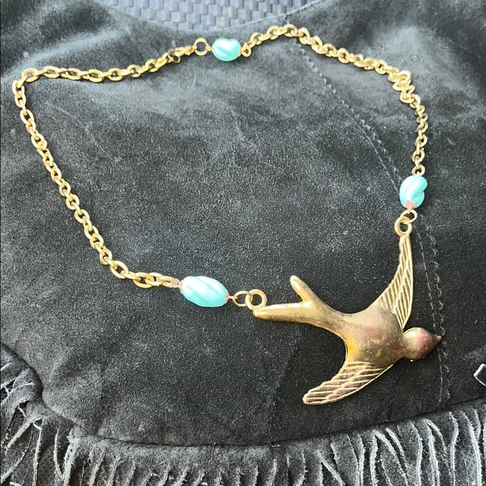 Gold Bird Pendant Necklace with Turquoise Accents